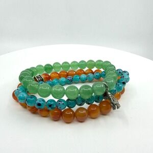 Boho Beaded Stackable Bracelet Set Of 4 Pcs Elephant Charm Green Orange Teal